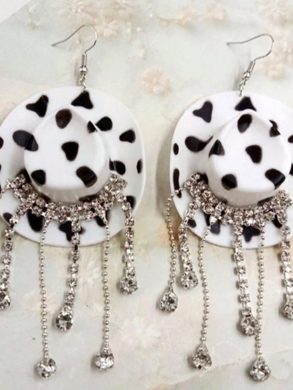 Hand Crafted Bold Black & White Western Hat Drop Earrings with Rhinestone Fringe - Picture 3 of 8